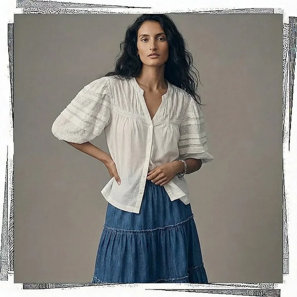 NWT: White Puff Sleeve Swiss Dot Cotton Blouse w Lace (M)